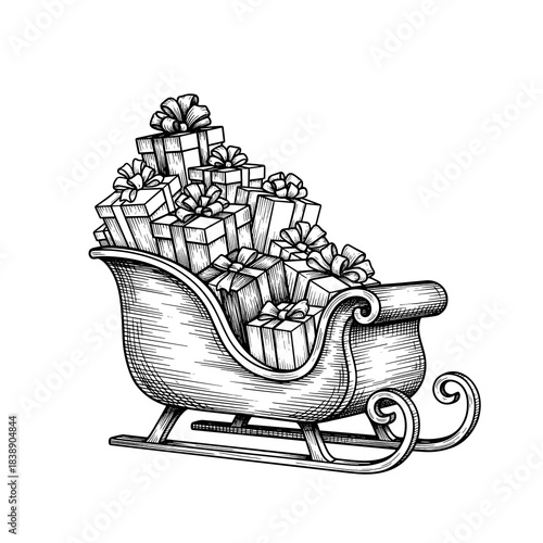 Sleigh filled with presents in watercolor style illustration  