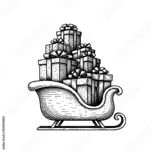Sleigh filled with gift boxes in a hand-drawn style for winter transportation  