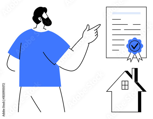 Real estate, home ownership, property certification, legal documents, housing, investment. Person gesturing towards certified document and house. Real estate and home ownership concepts