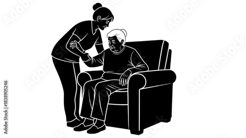 High-quality black silhouette line art of a family member assisting an elderly parent to sit comfortably in a chair, caregiving and home support concept