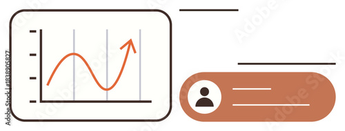 Chart with upward graph line, vertical and horizontal axes next to user profile badge. Ideal for growth, analytics, performance, progress tracking, statistics, business success. Simple flat metaphor