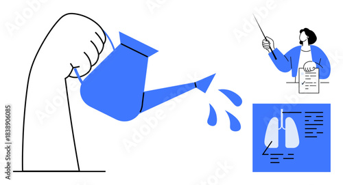 Hand pours water from a can, person explains using pointer and document, illustrated lung diagram. Ideal for education, growth, biology, healthcare, sustainability mindfulness teamwork. Simple flat