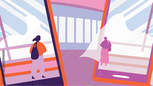 Colorful Vector Illustration of Virtual Interaction Through Mobile Devices Vibrant flat design showing human connection via smartphones.