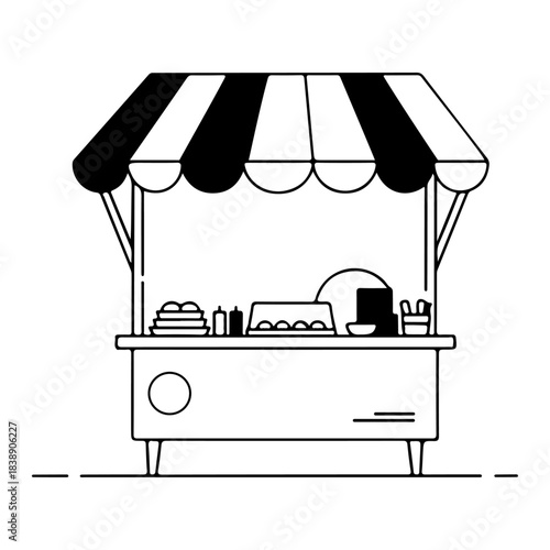 Monochrome illustration of a food stall, featuring a striped awning and a counter with items, ideal for depicting street food, urban dining, and small business concepts