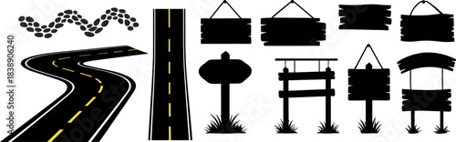 Rustic Wooden Signs, Paving Paths, Stone Arches, and Road Silhouettes Mega Vector Pack for Map and Directional Design