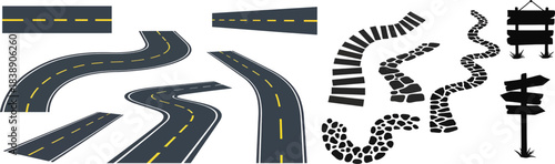 Mega Vector Pack of Winding Roads, Stone Paths, Paving Arches, and Rustic Wooden Sign Silhouettes for Design