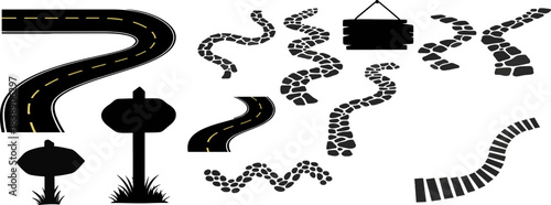 Massive Vector Pack of Roads, Winding Stone Paths, Archways, and Rustic Wooden Sign Silhouettes for Design