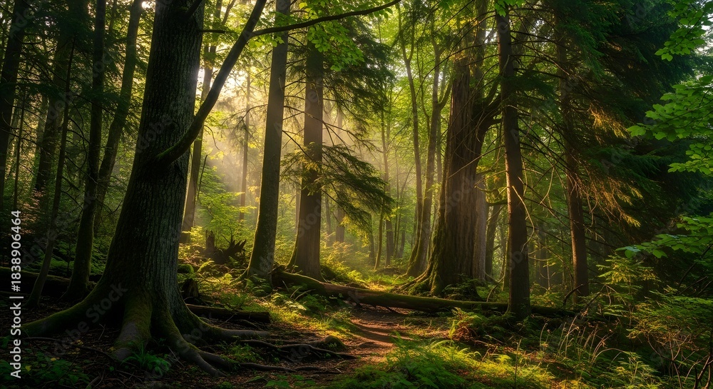 Obraz premium Sunlit forest trail scenic path through tall trees and lush greenery