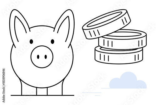 Financial planning, savings, investment, budgeting, economic growth, asset management. Piggy bank next to coins and cloud. Financial planning and savings concept