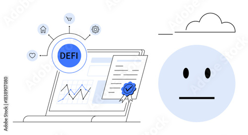 Decentralized finance, blockchain, cryptocurrency, investment, digital economy, smart contracts. A laptop with DeFi icons, data chart and certified document. Decentralized finance and blockchain