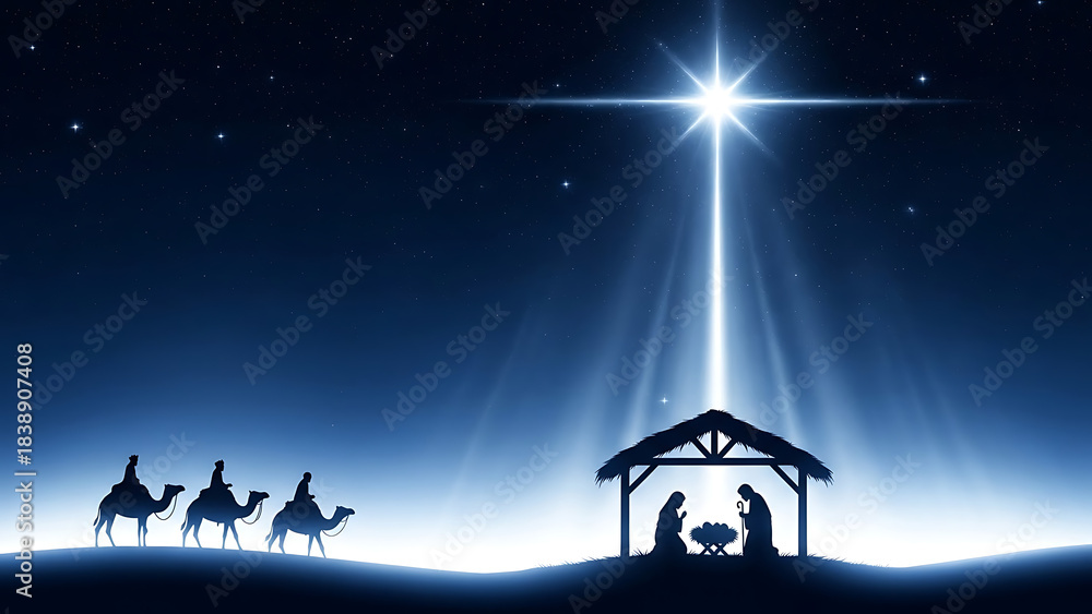 Fototapeta premium Nativity scene with star and camels under a night sky
