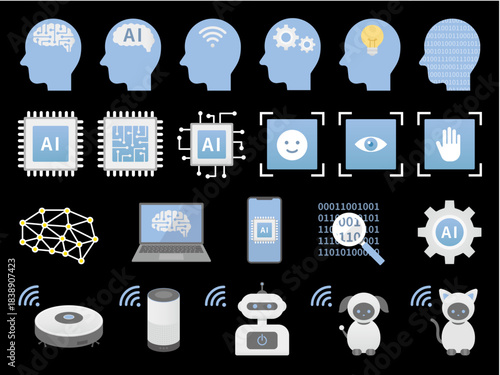 Artificial intelligence icons SVG dark mode for web and UI on black background