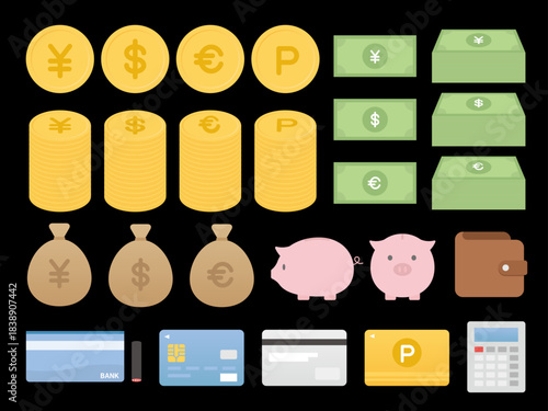 Money and currency vector icons – dark background version (AI)