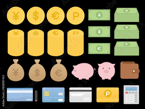 Money and currency SVG icons – dark UI finance icon set