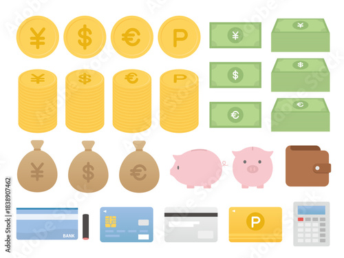 Money and currency vector icons set, finance illustration in AI format