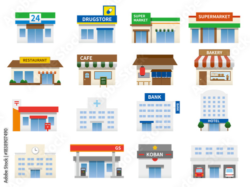 Flat Building and Store Icon Set – vector illustration