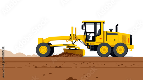 Yellow grader working on brown dirt road construction site  