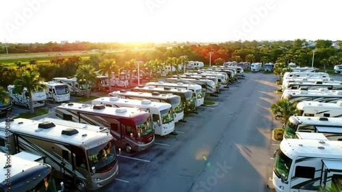 Aerial view of a large RV dealership parking lot with rows of motorhomes during the golden hour sunset