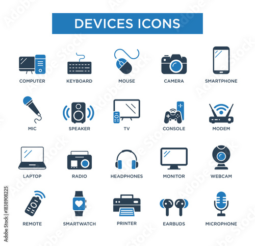 Flat Device Icons Set – Computer, Smartphone, Electronics & Multimedia Symbols Collection. Vector Illustration