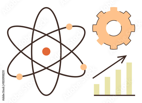 Atom model with orbiting electrons, gear mechanism, and upward bar graph arrow. Ideal for science, technology, growth, innovation, education research progress. Clear simple flat metaphor