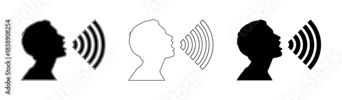 Speak symbol, voice icon in 3 variations: inner fill stroke, stroke, and solid, human speaking silhouette with sound wave – vector