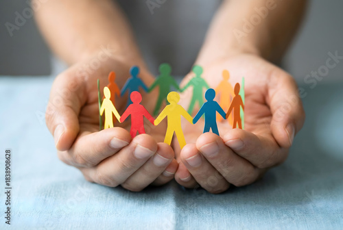 community support and diversity concept with hands holding colorful paper people