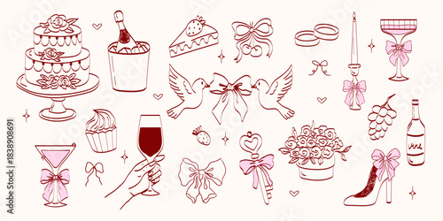 Hand drawn coquette wedding elements. Vintage cute symbols with ribbon and bow in simple crayon sketch style. Trendy art for Valentine day and bachelorette invitations. Festive vector illustration.