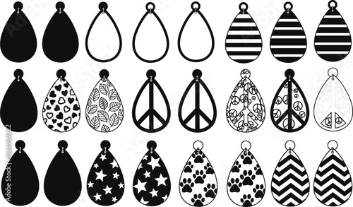 Black and white teardrop earring SVG collection featuring peace signs, patterns, stars, paw prints, stripes, and decorative designs.