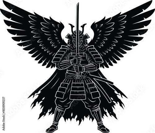Winged Samurai Warrior Silhouette with Sword
