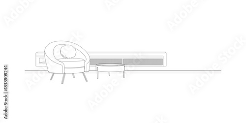 Black line vector living room set with sofa, table and shelves.