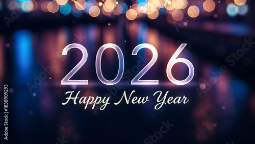 Elegant 2026 Happy New Year Text with Bokeh Lights: Stylish New Year 2026 greeting with glowing text and blurred city bokeh lights, ideal for holiday cards, web banners, and seasonal promotions.