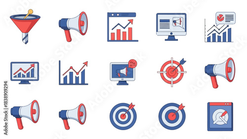Marketing Icons Sales Funnel, Bullhorn, Target, Chart and More, for Business Concepts