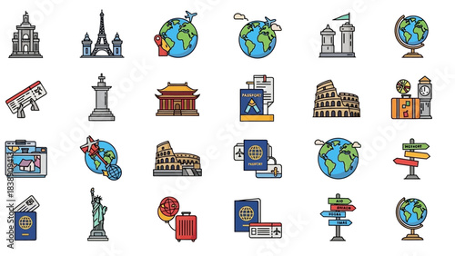 World landmarks and travel destinations flat icon collection for tourism and cultural exploration