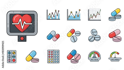 Medical Icons Set Heart Rate Monitor, Charts, Pills, and Wellness Scale
