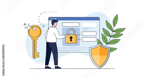Man securing online accounts and data on a web interface with key, padlock, and shield symbols, representing digital protection.