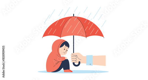 An adult hand holds an umbrella over a child in a raincoat, offering protection and comfort from the rain.