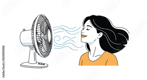 A woman enjoys the cool breeze from an electric fan, finding comfort and relief from the summer heat.
