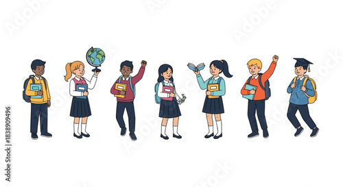 Diverse group of happy elementary and middle school students with books and school supplies, ready for learning.