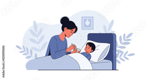 A caring mother gives medicine to her sick child in bed, providing comfort and support during illness at home.