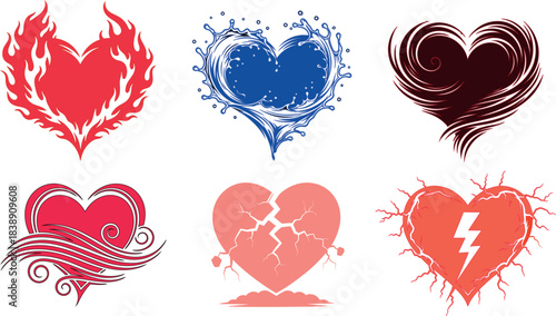 Set of six black heart shapes with unique textures and symbolic representations