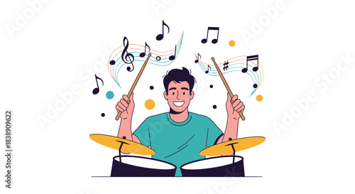 A happy young man with drumsticks smiles while playing the drums, surrounded by an array of colorful musical notes and abstract sound elements.