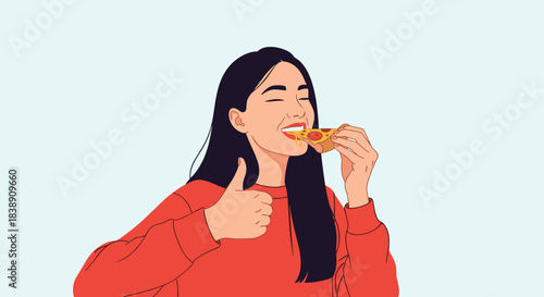 A delighted young woman enjoying a slice of pizza with her eyes closed in contentment, giving a positive thumbs-up gesture.