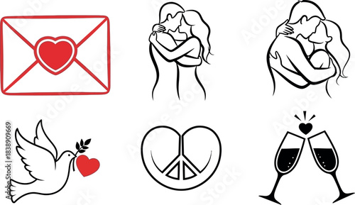 Romantic line art collection featuring love letters couples doves hearts and champagne