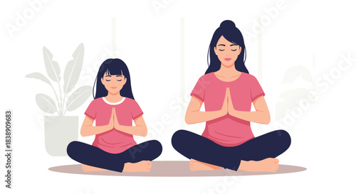 Mother and daughter meditating together in a serene home environment, practicing mindfulness and healthy lifestyle habits.