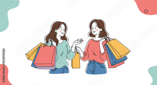 Two happy young women with shopping bags discuss their purchases, enjoying a successful retail therapy session.