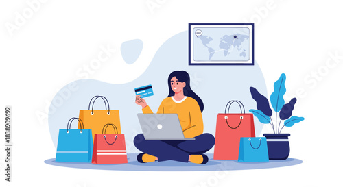 A happy young woman sits with her laptop and credit card, surrounded by shopping bags, enjoying online shopping and global e-commerce.