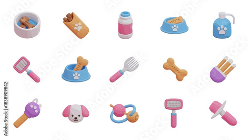 Pet Care Icons Essential Supplies and Cute Dog Character Renderings in Pastel Palette