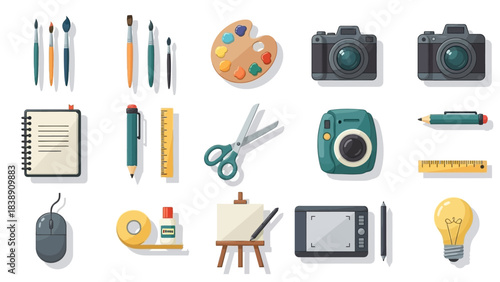 Artistic Toolbox A Creative Collection of Brushes, Cameras, and Sketchbook for Art and Design