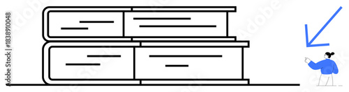 Education, learning, knowledge sharing, reading, studying, academic concepts. Minimalist stack of books with a person gesturing. Education and learning highlighted