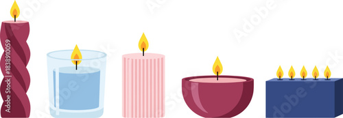 Collection of decorative burning candles in various shapes and holders, perfect for relaxation, spa ambience, home decor, and celebration themes.